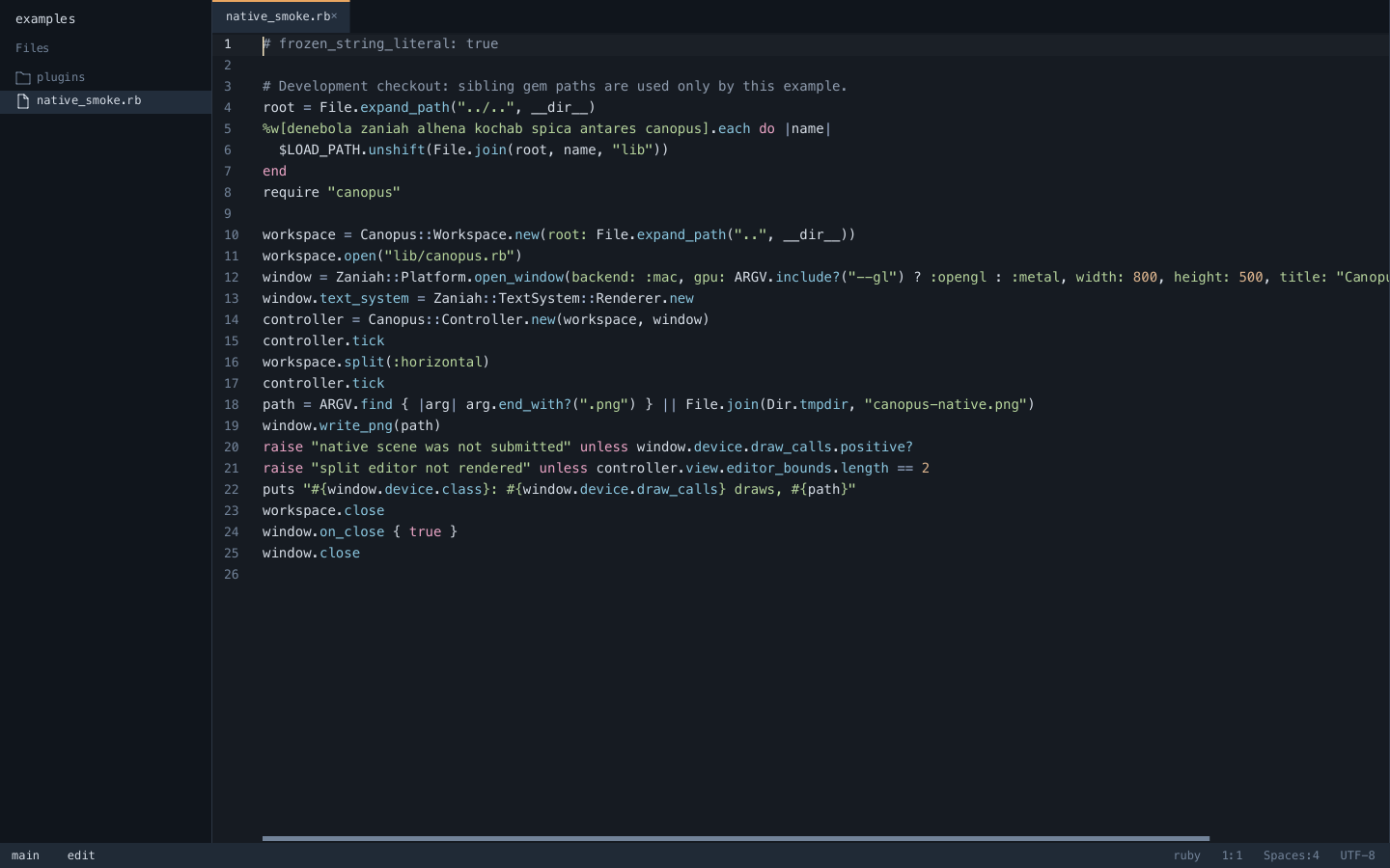 Canopus editing a Ruby file in its native dark interface