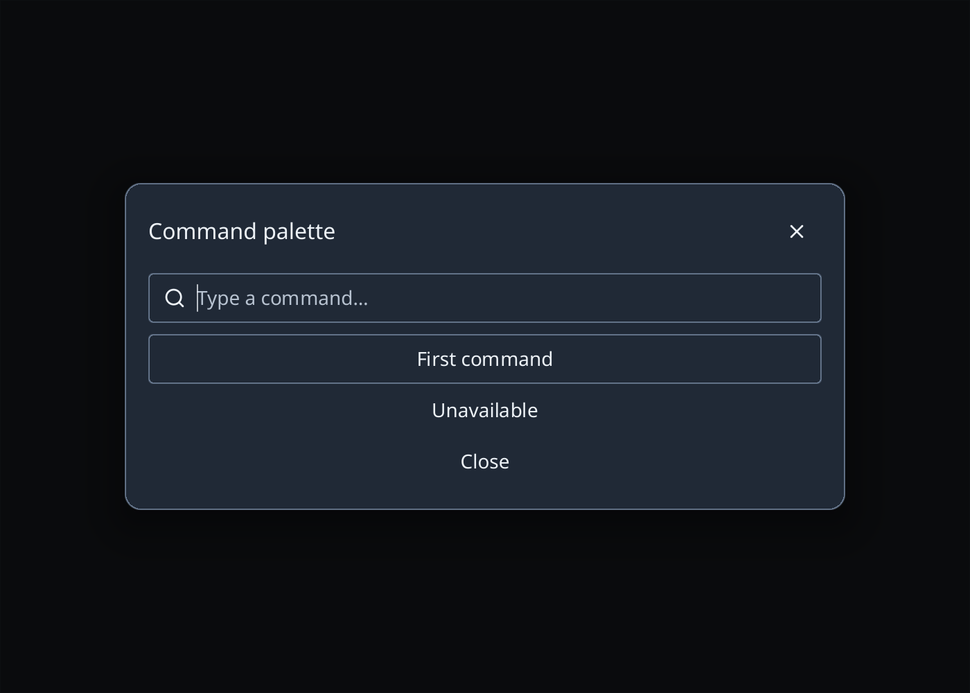 Command palette with a search field and matching commands.