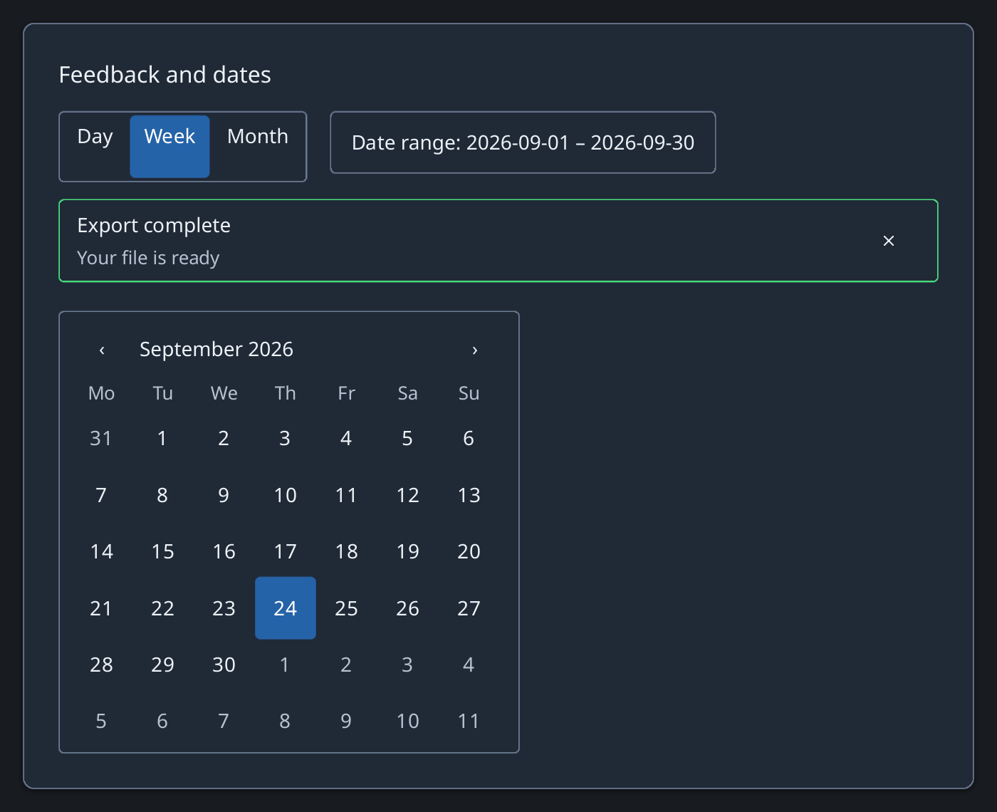 A success alert above a calendar in the Zaniah component gallery.