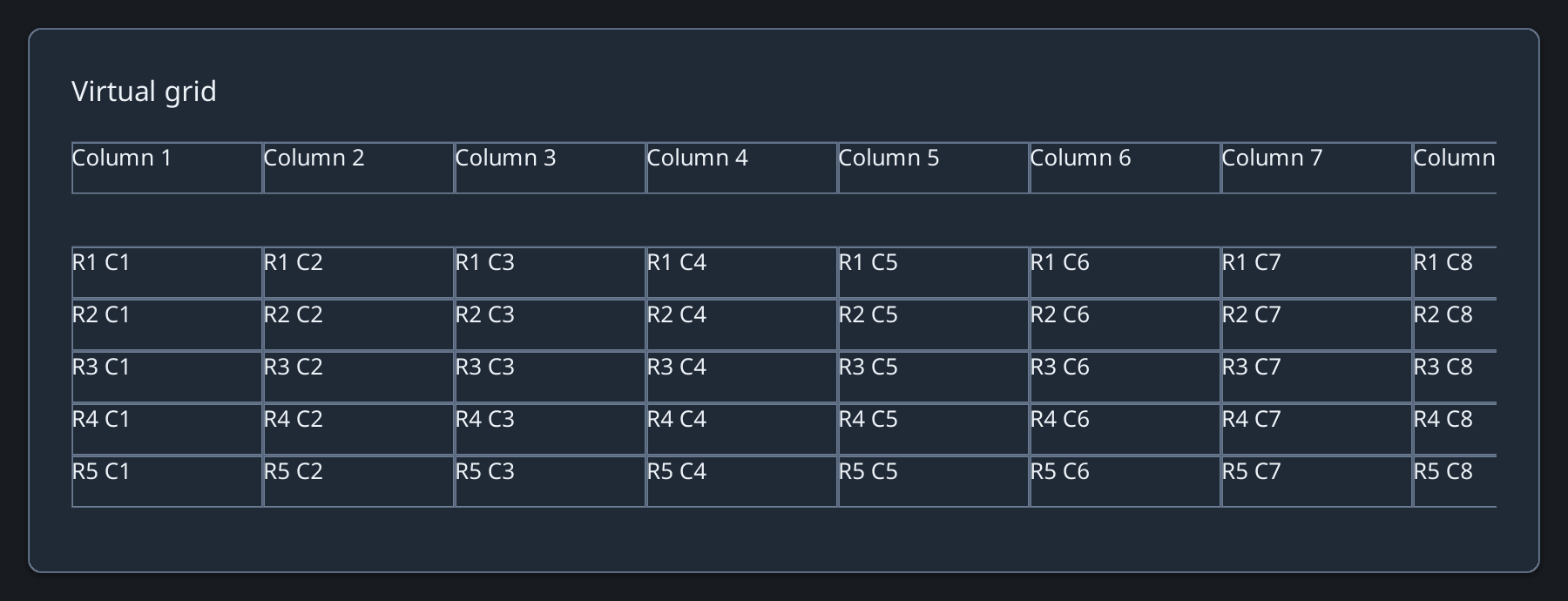 Virtual grid with column headings, numbered rows, and frozen first row and column.