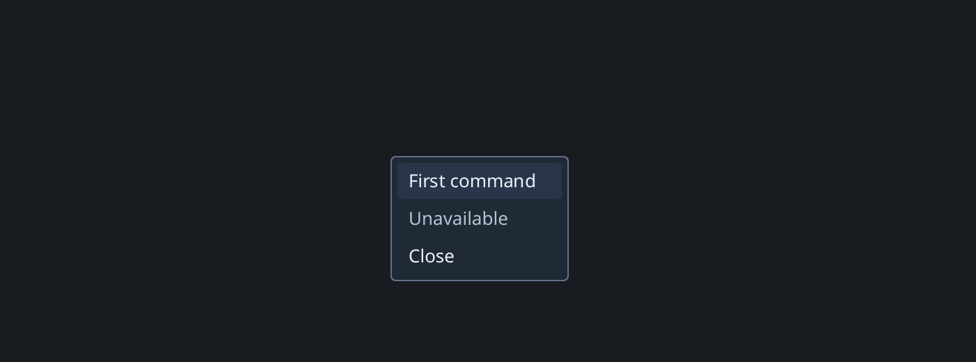 Open menu overlay with enabled and disabled commands.