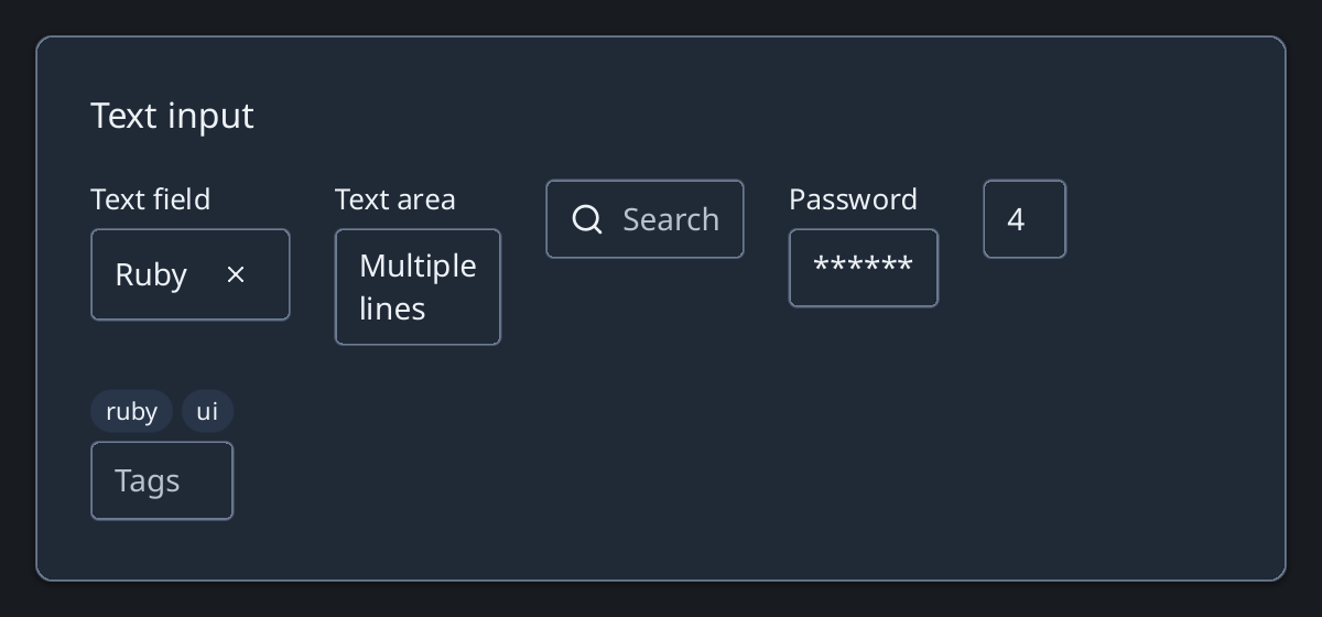 Labeled text, multiline, search, password, number, and tag inputs.