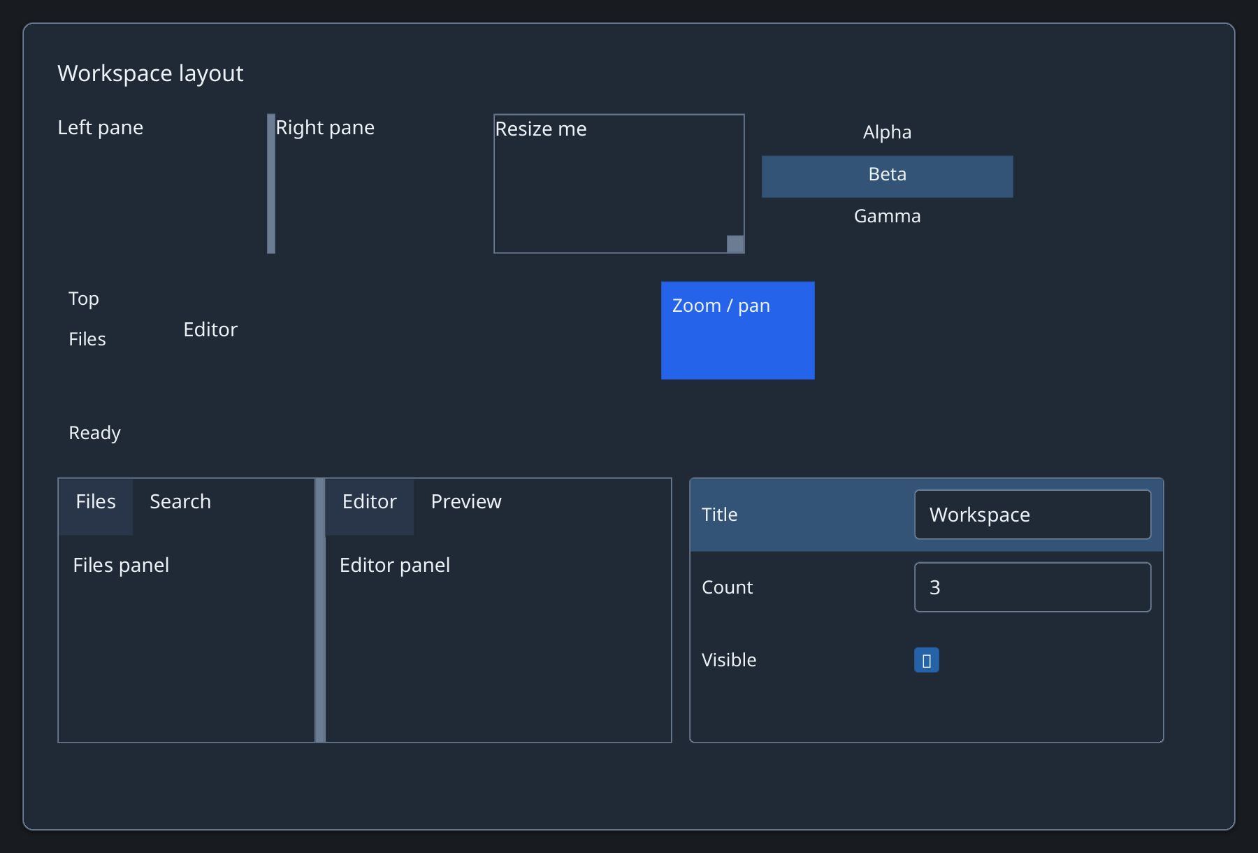Split pane, resizable view, and selectable list in a Zaniah workspace.